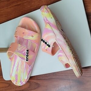 CROCS Classic Marble Peach/Yellow Tie Dye 2 Strap Slide Sandal size W 9